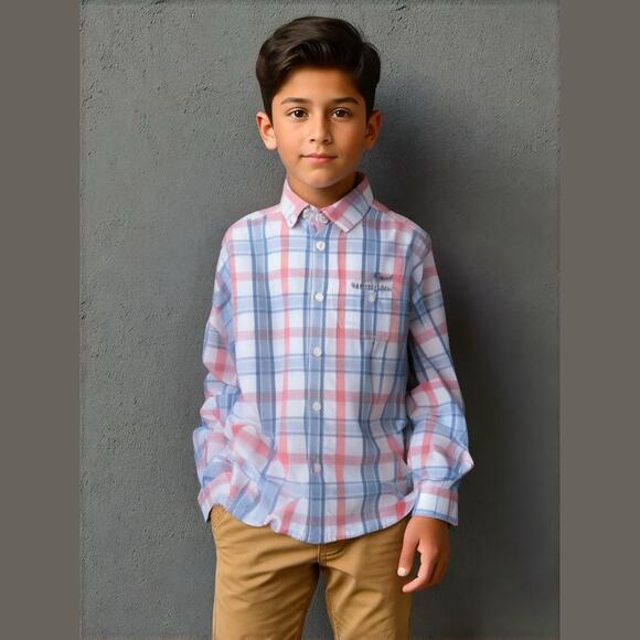 Mayoral Boys Shirt Sz 6 Red Pink White Blue Plaid Long Sleeve Button Down - Picture 1 of 10